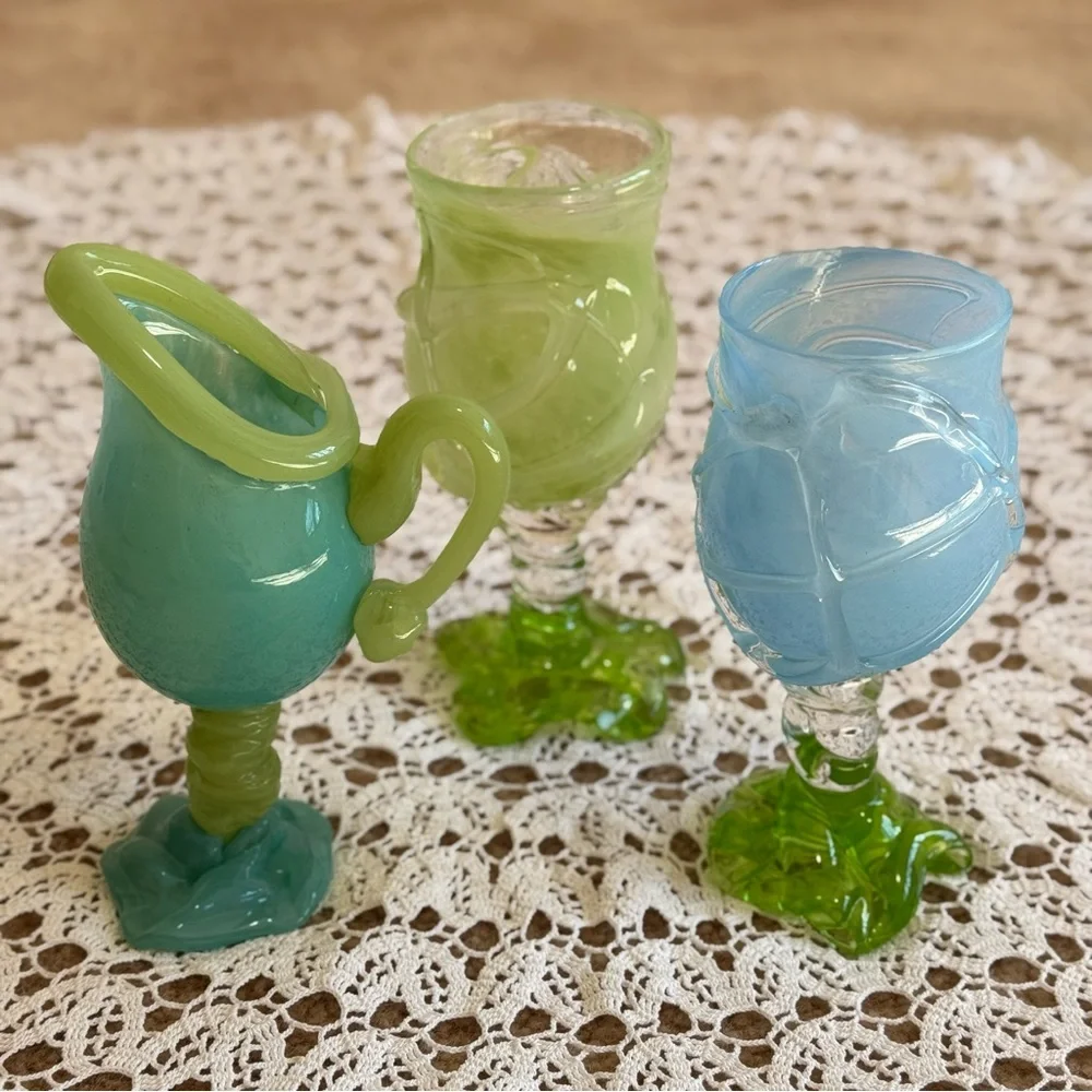 Hand Blown Art Glass Goblets Pitcher Jug Italian Bundle of 3